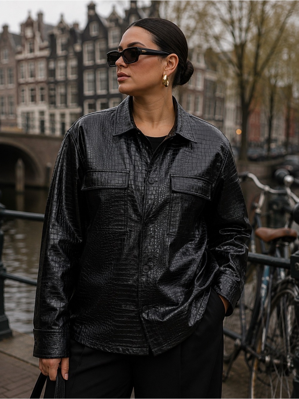 ASOS DESIGN Croc Embossed Faux Leather Shirt Jacket Black Large Streetwear Fall